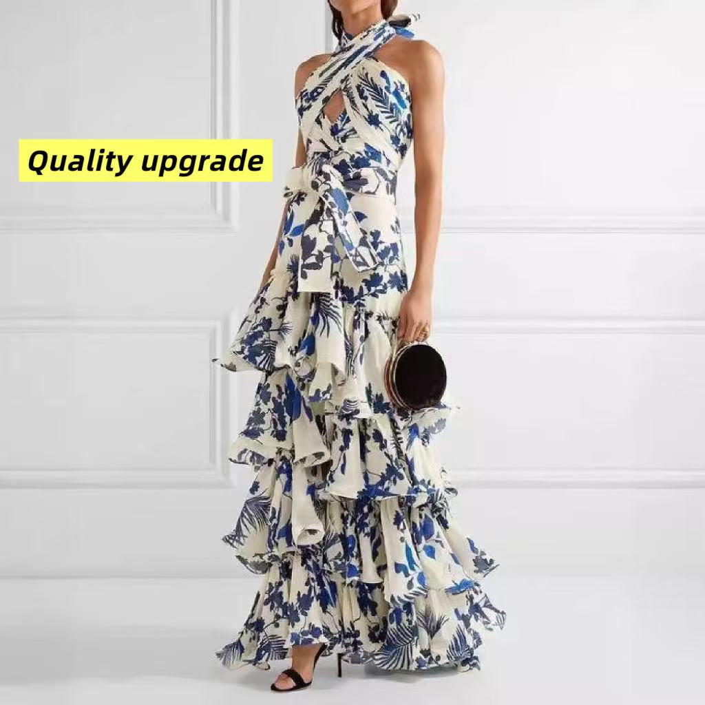dresses for woman2025Summer New European and American Fashion Dress Bohemian Resort Style Strap Lorita Big Swing Skirt Printed Dress