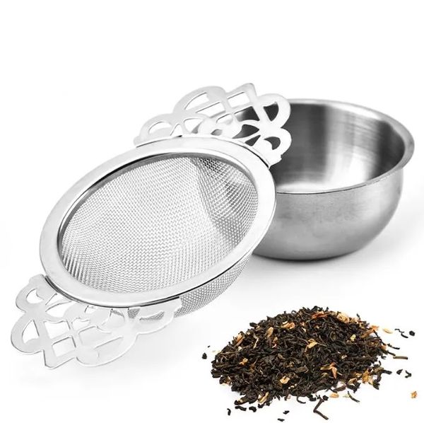 Stainless Steel Tea Strainer Tea Filter with Bottom Cup Double Handle Bulk Filter Reusable Tea Strainer Teapot Accessories
