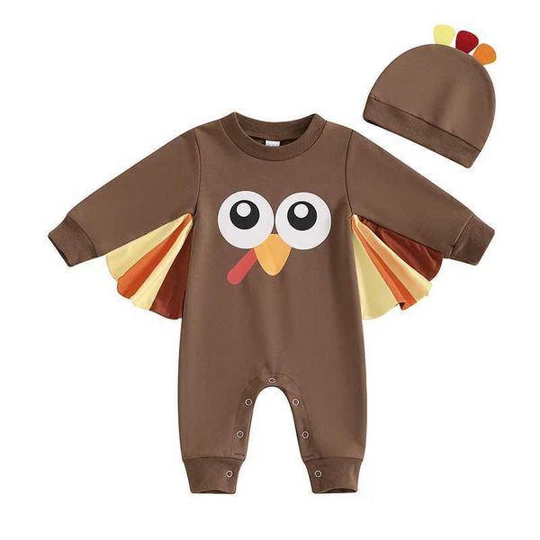 Pudcoco Infant Newborn Baby Thanksgiving Turkey Costume Long Sleeves Round Neck Contrast Color Jumpsuit Crest Hat Outfits 0-18MC250109