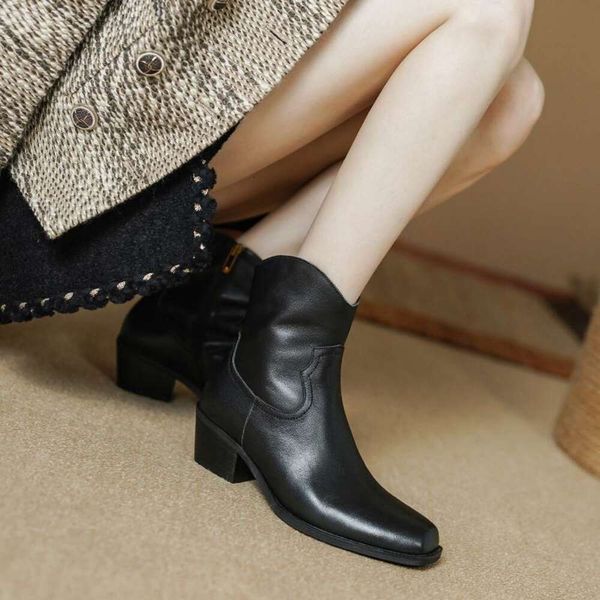 Cow Leather Square Toe Winter Warm Modern Office Lady Vintage Front Zipper British School Ankle Boots