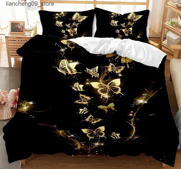 Bedding sets Gold Butterfly Bedding Set Luxury Black Duvet Cover 3Pcs Bedclothes 3d Printed Comforter Bedding Sets for Adults Cute Bed Set L