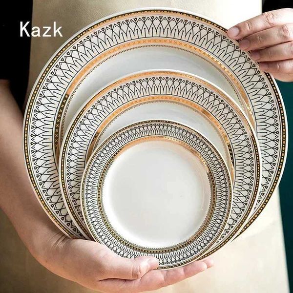 Dishes Plates European style gold stroke ceramic board home dining table decoration Italian pasta dining table soup bowl tableware set H2501