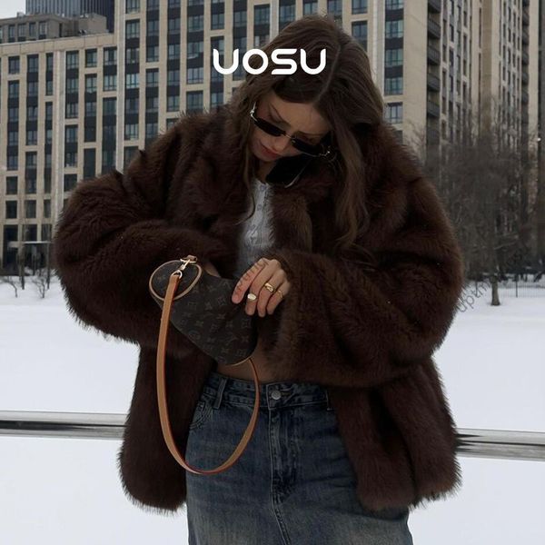 Brown Lapel Collar Warm Winter Cozy Coat Furry Faux Fur Jacket 2024 Fashion Vintage Iconic Vibe Outfit Fluffy Streetwear