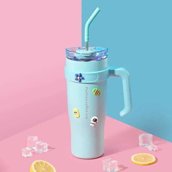 1250Ml Household Stainless Steel Straw Cup Handle Drinkware Thermal Water Bottle With Lid Portable Car Coffee Mug