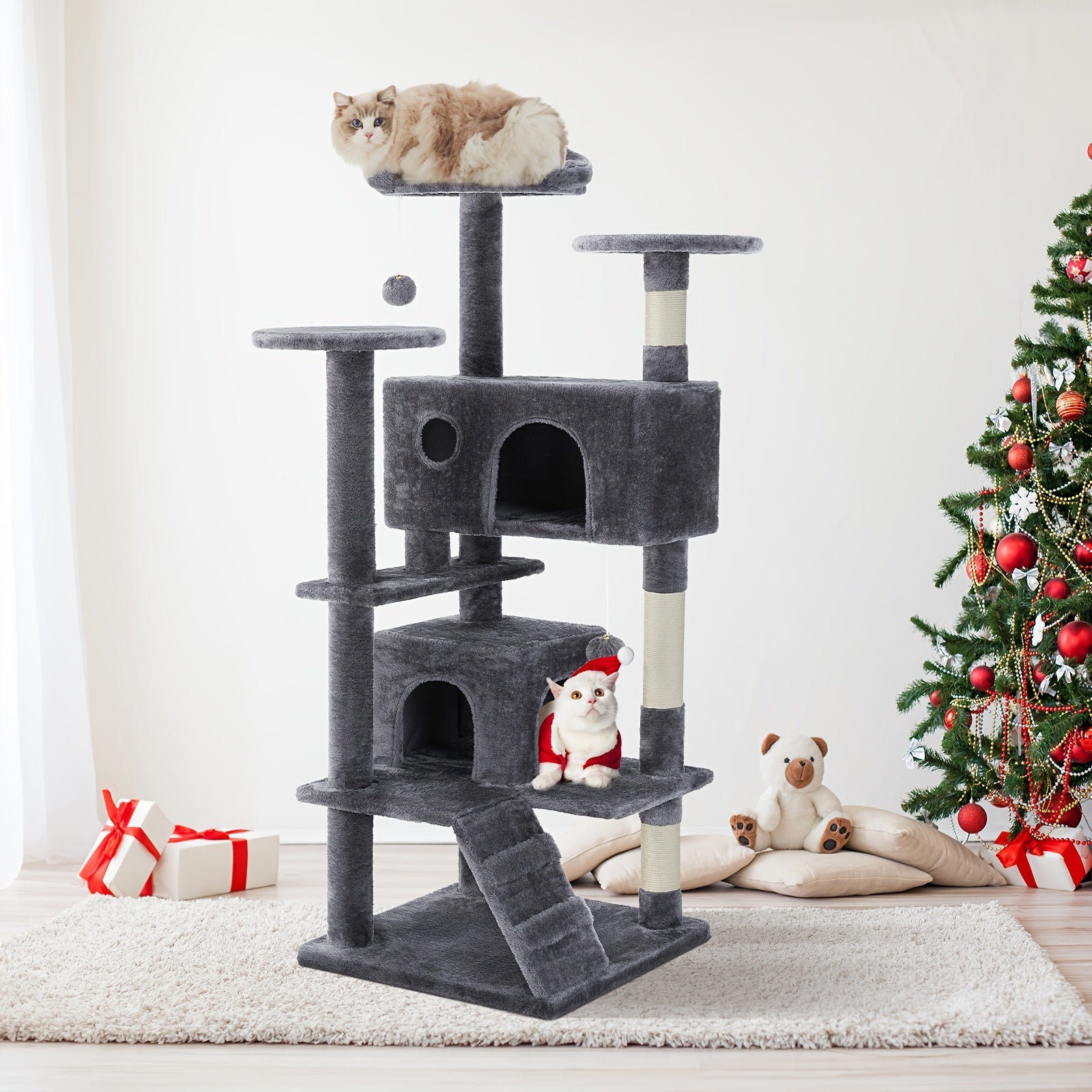 TEMU 54in Tall Multi-level Cat Tree Tower For Indoor Cats, House With Sisal Scratching Post, Large Condo, Climbing Ladder, Pet Furniture, Plush Toy