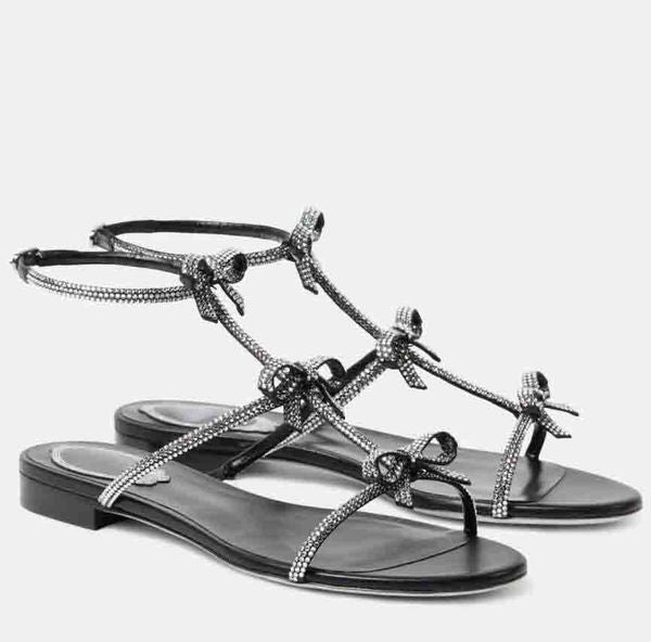 Woman flats sandal designer shoes jeweled strap Bow Embellished detailed flat Satin & crystal sandals wedding party dress pumps with box