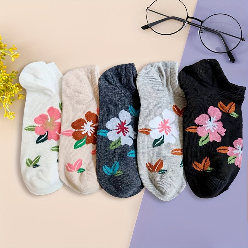 TEMU 5 Pairs Women's Floral Print Ankle Socks - Invisible No-show Breathable Short Socks With Pink , Options For Casual & Formal Wear, Machine