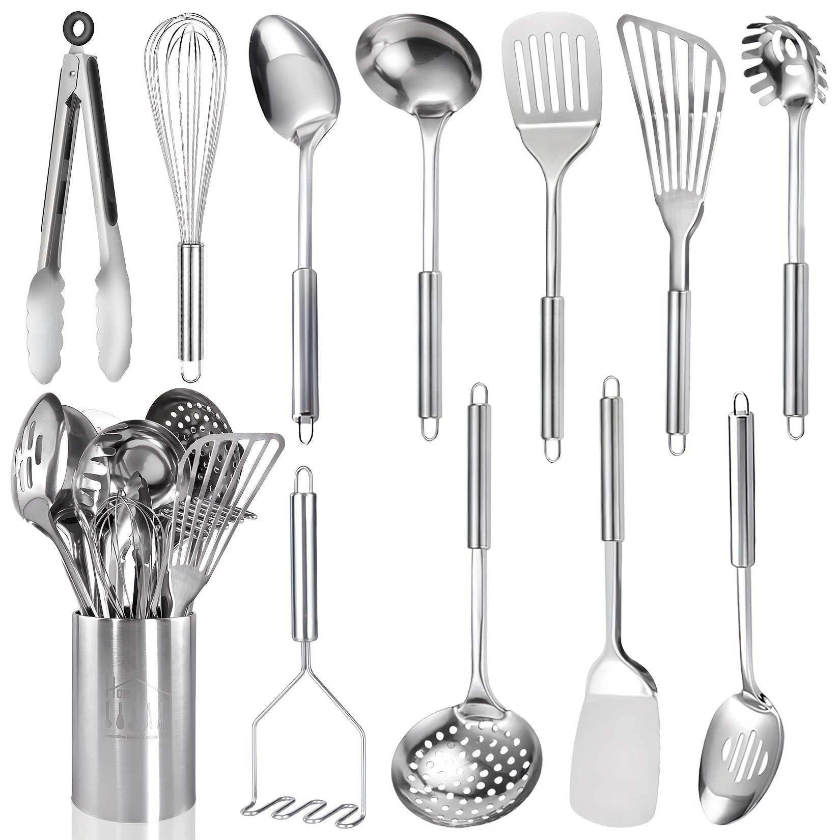 TEMU Stainless Steel Kitchen Utensils Set-12pcs, Cooking Utensils Set With Holder, Heat Resistant Metal Spatula Set Utensils Set For Cooking With