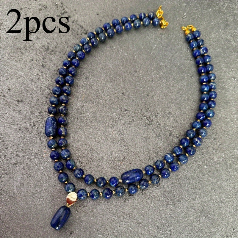 TEMU Handmade Dark Blue Lapis & Hematite Necklace - Elegant Multi-strand Design With Beads And Pendant, Perfect Gift For Women’s Birthdays And