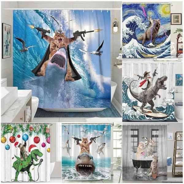 Funny Cat Shower Curtains Sea Waves Sharks Birds Fun Animals Ocean Landscape Fabric Bathroom Decor Children Bath Curtain Sets Y240815