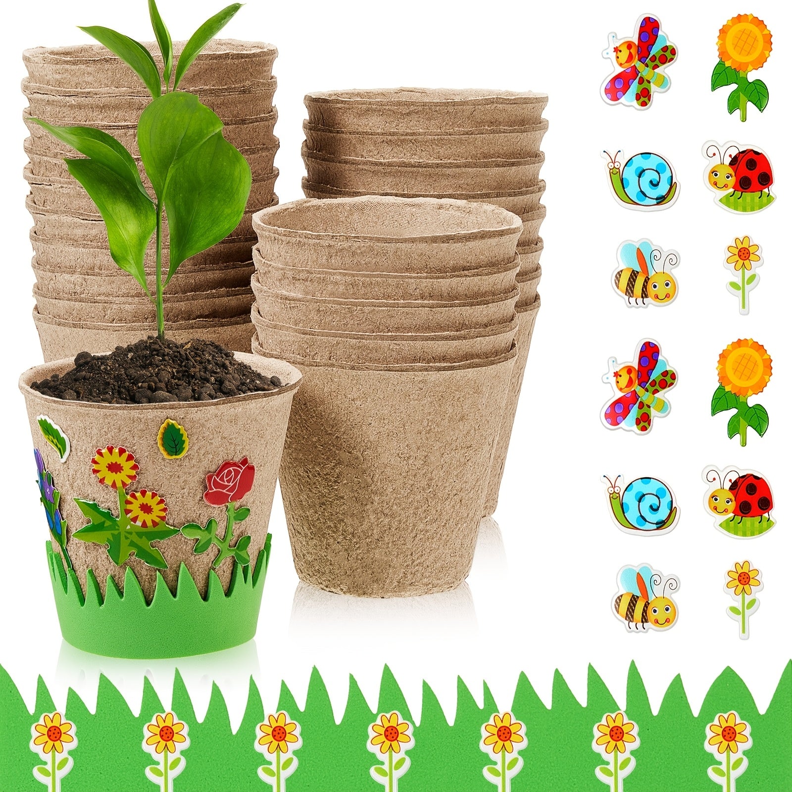 TEMU 30-pack Decorative Planting Pot Craft Kit - Paper Pots With Flower And Insect Stickers For Diy Gardening And Craft Projects