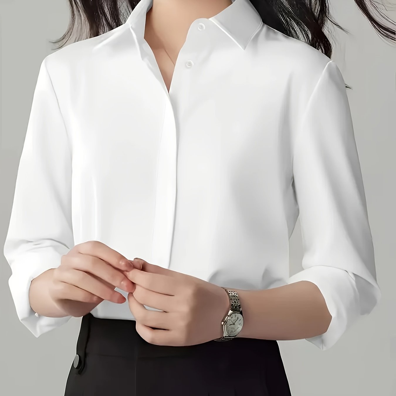 TEMU Women' Blue Long Sleeve Button-up Shirt - Casual Business , Lapel Collar, Wear, Adults, Casual Attire| Shirt| Shirt