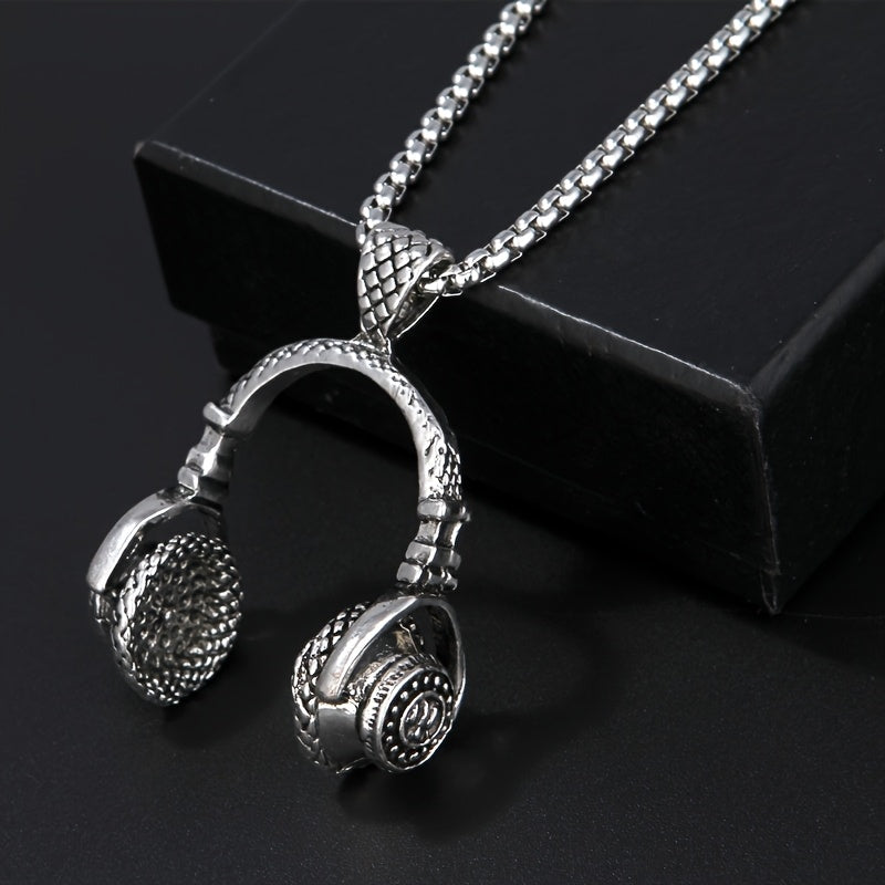 TEMU Punk Rock Hip Hop Headphone Pendant Necklace - Stainless Steel & Alloy Edgy Streetwear Jewelry With March Birthstone, Durable Layered Chain For