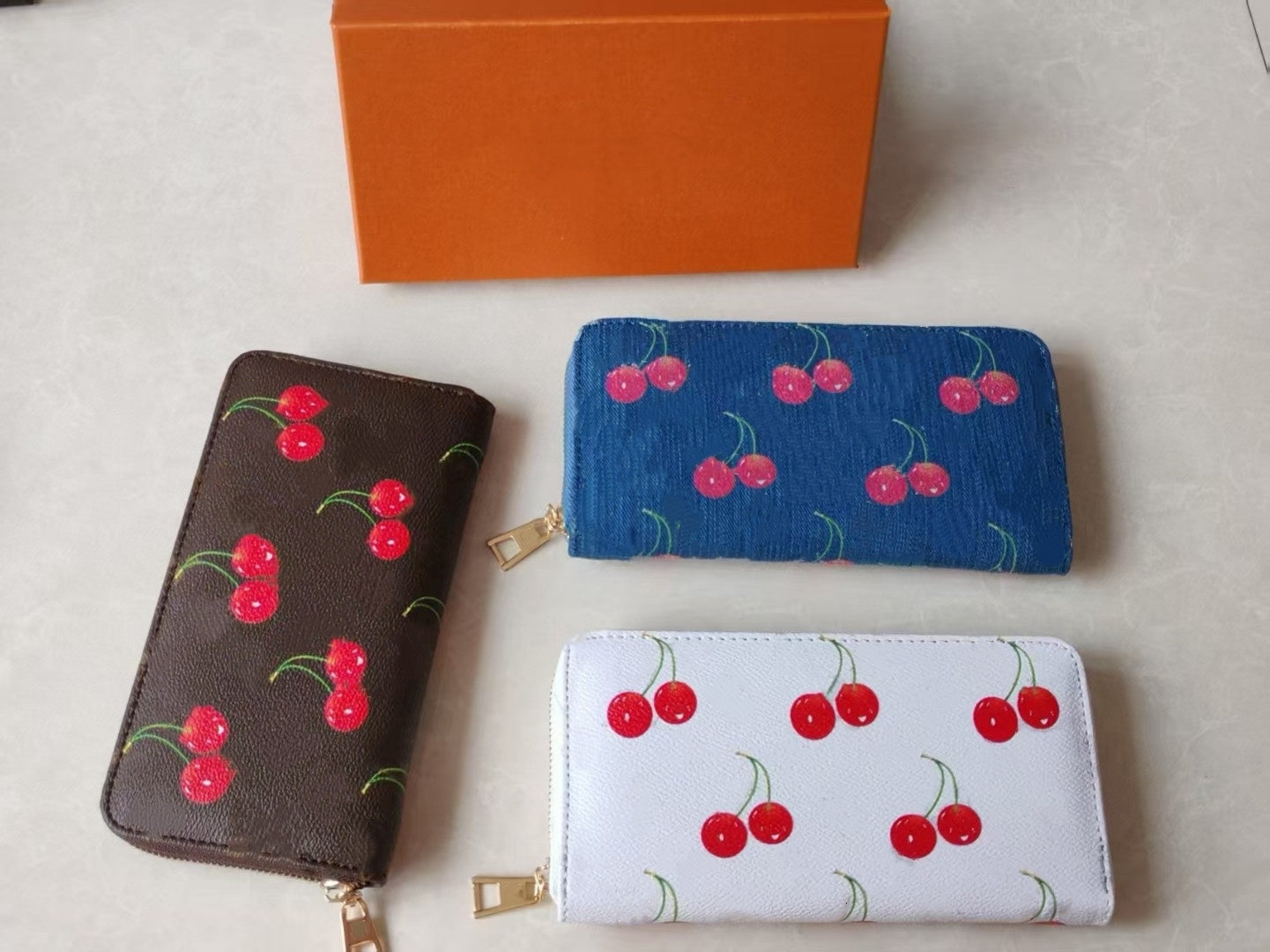 Luxury womens cherry denim wallet designer wallet mens womens white zipper wallets mini purse card holder coin wallets key long wallet short purses