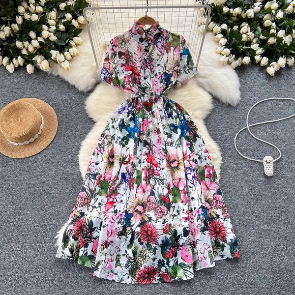 High end elegant dress European and American style summer outfit stand up collar single breasted waist cinching slimming A-line short sleeve