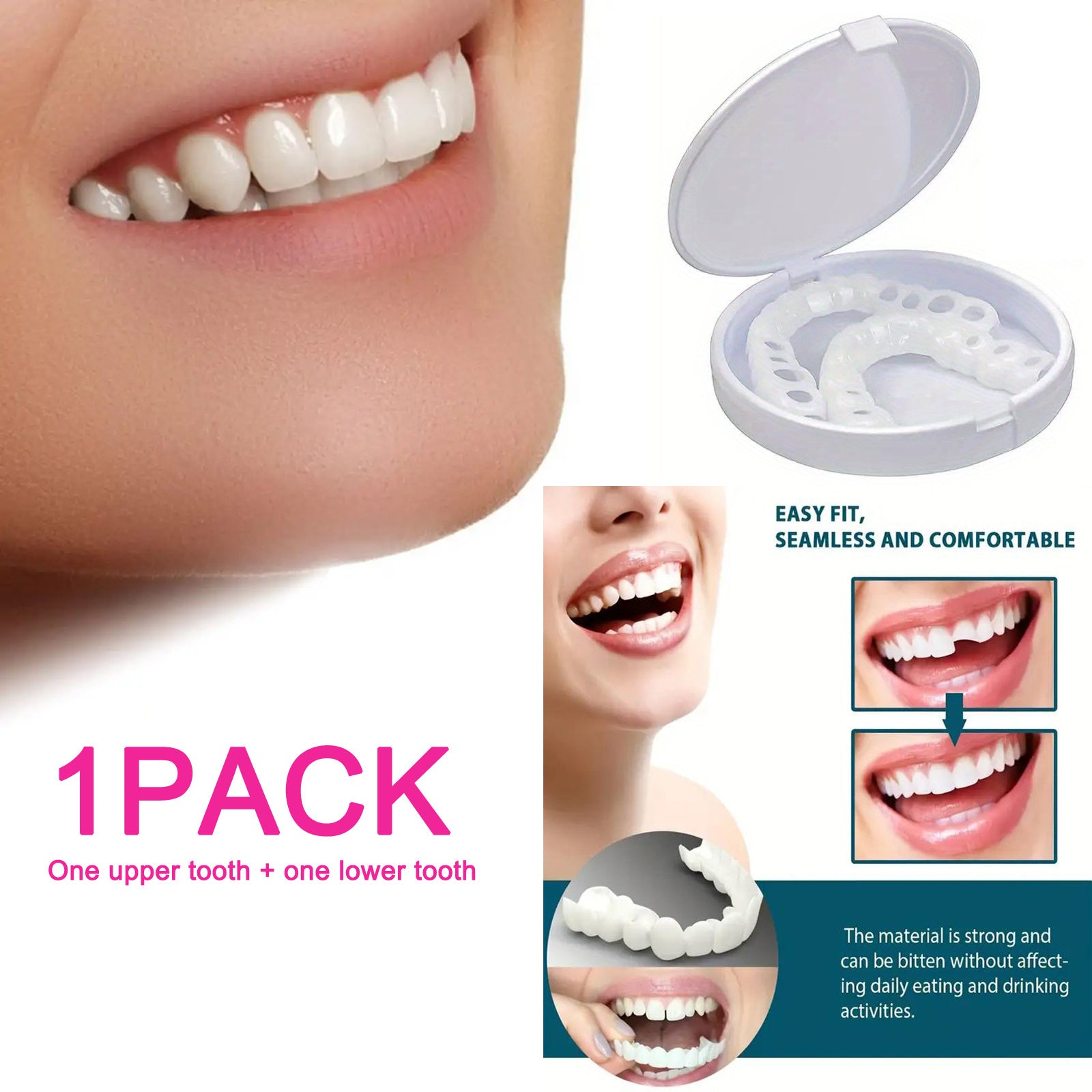 TEMU 2pcs Fit White Denture Veneers - Durable, Adjustable & Easy To Clean, Stain Resistant, Casual Attire