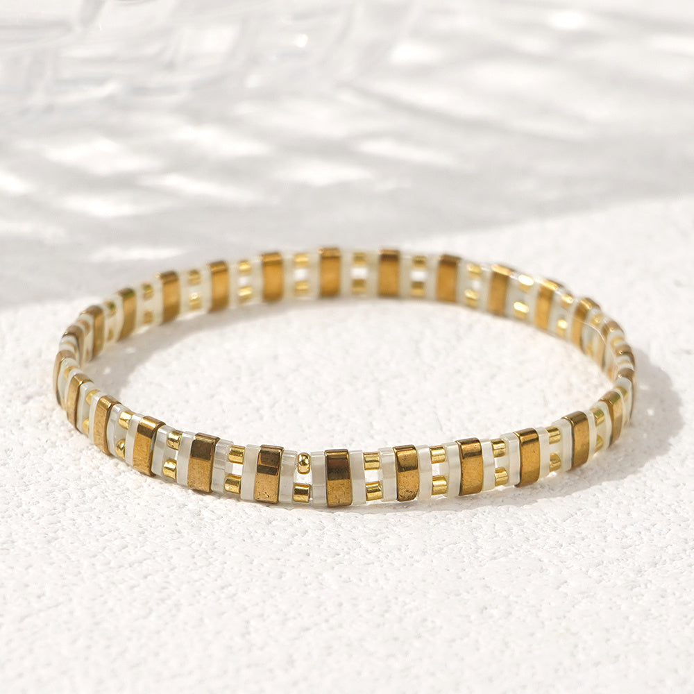 TEMU Women's Minimalist Bead Bracelet - Golden-tone Elastic Stretch Hand Chain For Music Festivals, Vacations & Casual Attire, Versatile Jewelry,