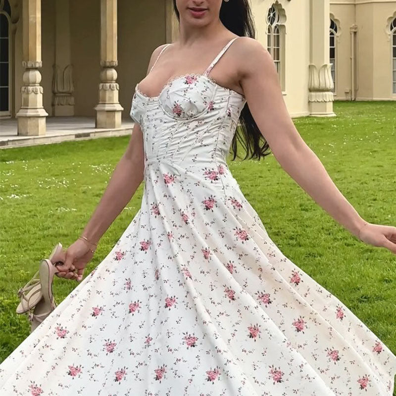 A1070 European and American cross-border women&#039;s summer new style sweet pink floral sling high waist slim swing dress