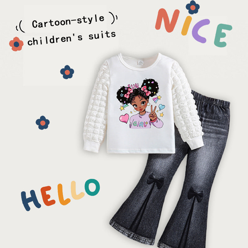 Girls&#039; Set with Round Neck Bubble Sleeve Top & Bell Bottom Denim Pants white top - KJ1C4230A