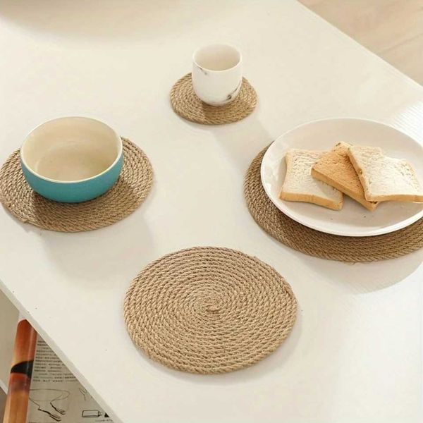 4pcs Placemats Round Heat Insulation Table Mat Coffee Cup Pad Vase Mat Handmade Woven Coaster Table Decor Kitchen Y250115