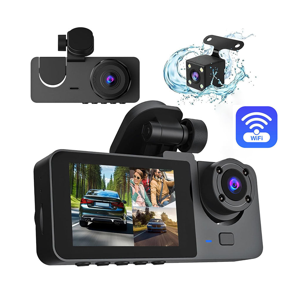 HD Three-channel Dashboard Camera with Widescreen Monitor for Vehicle Security - In-car Surveillance System