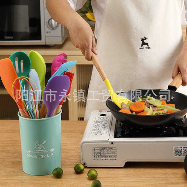 Silicone Kitchenware uns color cor de madeira combinação conjunto de cozinha colher de 12 peças conjunto de spatula não bastão bucket x24091