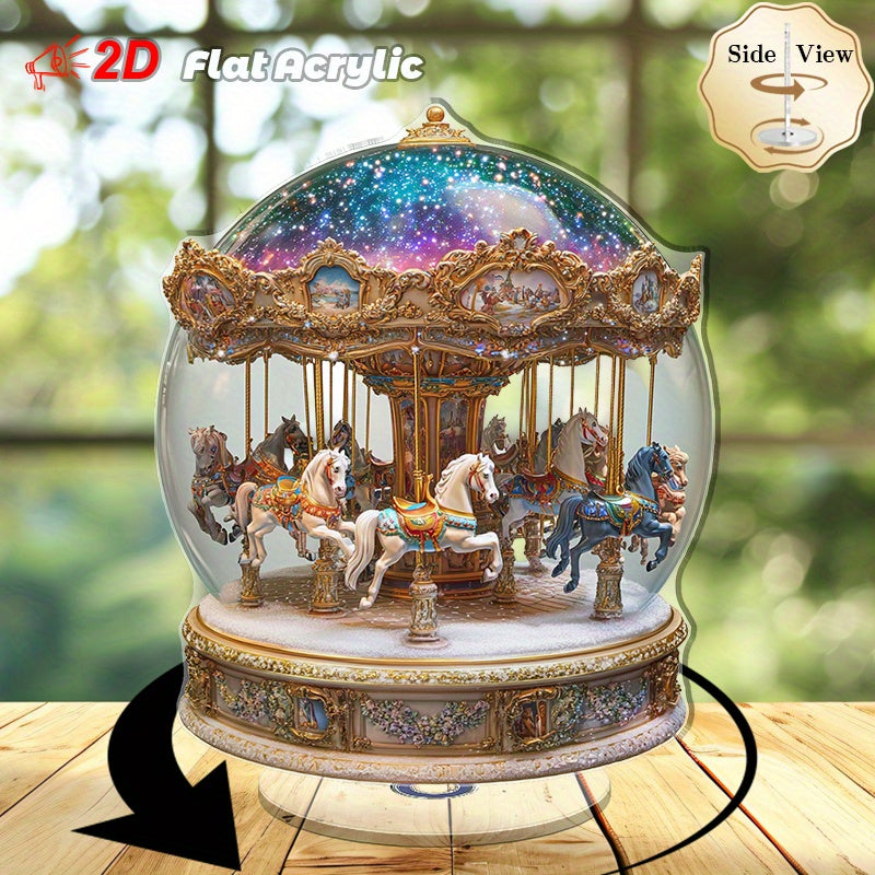 TEMU 2d Flat, 1pc Rotating Carousel In Snow - Spinning Motion Desktop Decor With Clear Dome, Elegant Vintage Carousel With Horses, - Fidget,