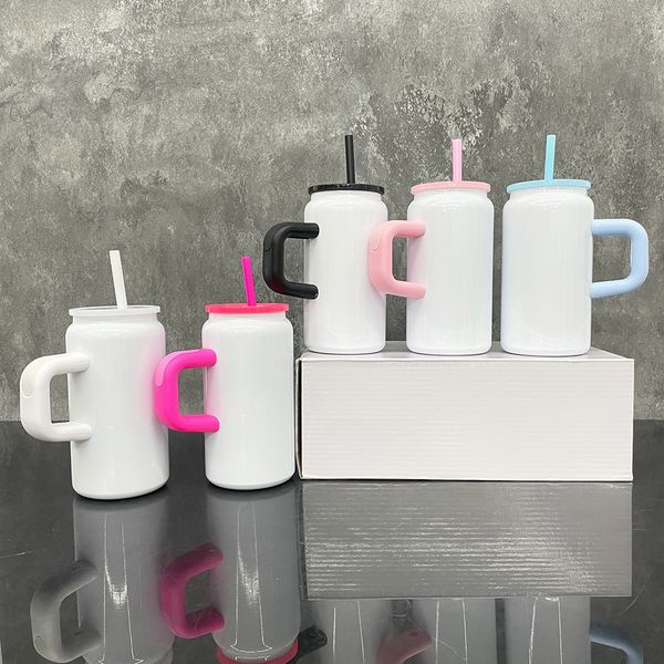 White 16oz Double-Walled Vacuum Insulated Stainless Steel Tumblers for Coffee, Soda, Beer with Handle and Assorted Lids & Straws