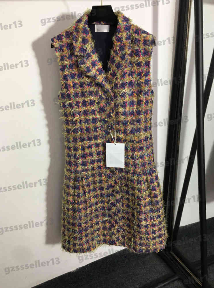 Luxury Designer Dress Brand Women Clothing CHN Colorful Wool Fringe Plaid Logo Jacket Dress Tweed Slim Fit Collar Sleeveless Tank Dresses 0912