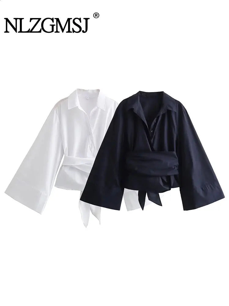 Nlzgmsj TRAF Women Fashion Back With Bow Tied Cropped White Blouses Vintage Long Sleeve Female Shirts Blouse Chic Tops 240813