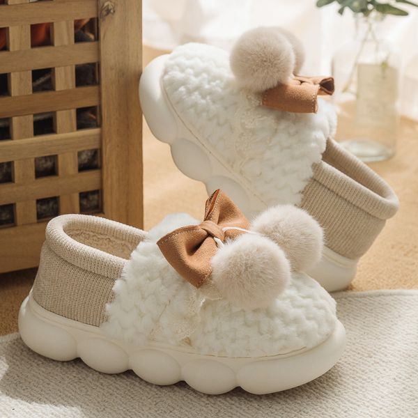Womens Home Use Winter Plush Cotton Slippers Womens Leisure Bow Knot Thick Sole Anti Slip Stool Feel Cotton Slippers Women