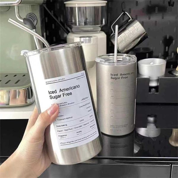 Coffee Cup Thermos 304 Stainless Steel Double -layer Cooler Straw Cup Portable Reusable Ins Ice American Coffee Mug Water Bottle Y240813