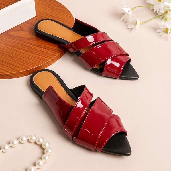 flat slippers summer slide sandals new fashionable outdoor sandals wine red pointed open toe women shoes