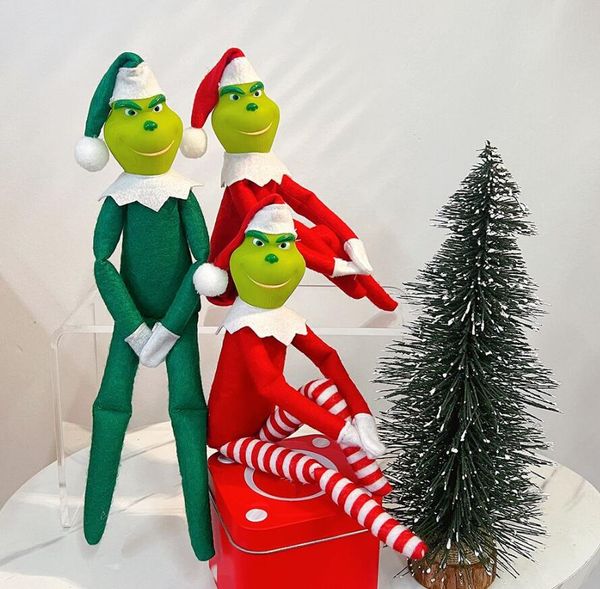 In stock 30cm New Christmas Grinches Dolls Red Green Hair Monster Plush Toys Home Decorations Striped Heart Elf Ornament Pendant Children Bi