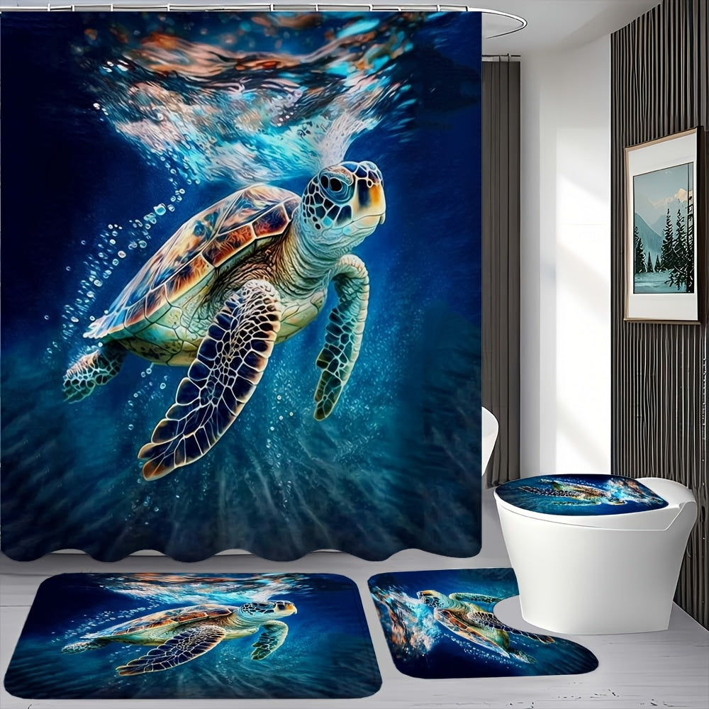 TEMU 1-4pcs Sea Turtle Pattern, Shower Curtain Set, With 12 Hook Shower Curtain, Non Slip Floor Mat, Toilet U-shaped Pad, Toilet Lid Pad, Bathroom
