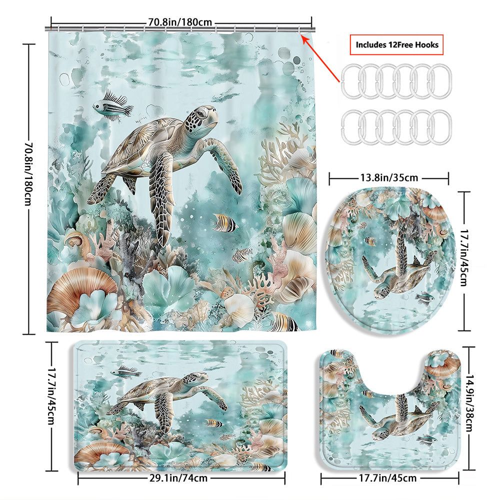 TEMU 4pcs Sea Turtle Gift Shower Curtain Decoration, Beautiful Housewarming Gift Decoration, Waterproof Shower Curtain And Toilet Floor Mat 3 Piece