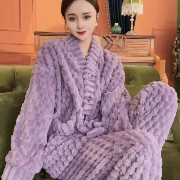 Coral Famale Veet Sleepwear Womens Autumn Winter Casual Plush Thick Night Warm Large Flannel Home Clothing Set 240930