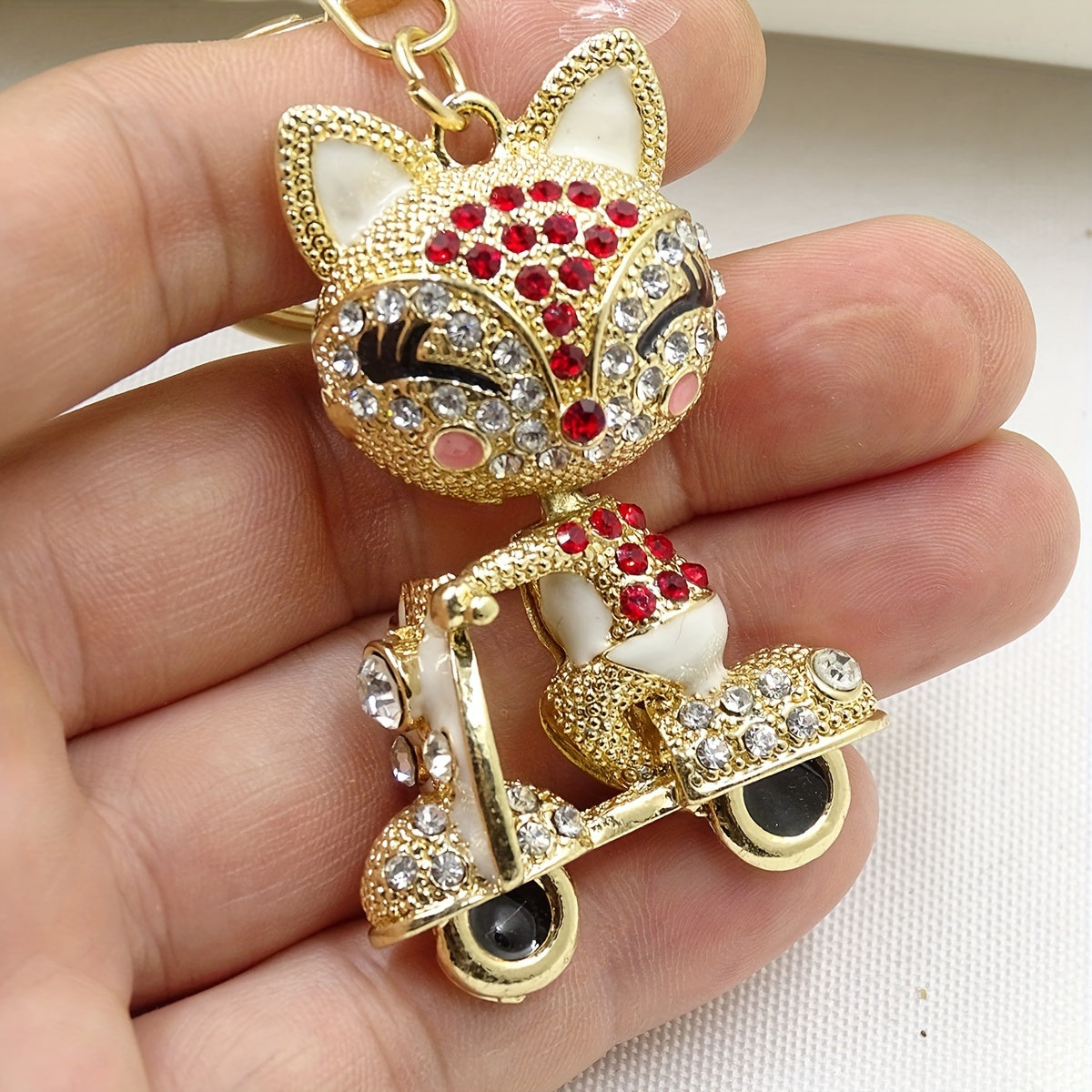 TEMU 1pc Xdpqq Fox-shaped Keychain - Cute Cartoon Fox Riding Scooter With Sparkling Rhinestones, Lobster Clasp Bag Pendant For Women, Japanese &