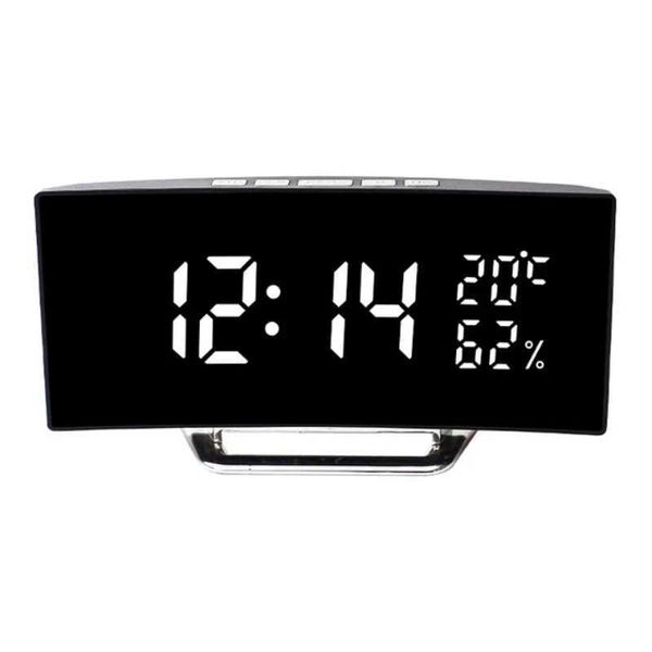 Curved Digital Alarm Clock Time-Date-Temperature-Humidity Display 12-24h 3-Alarms Brightness Adjustable Desk Table Clock Y250114