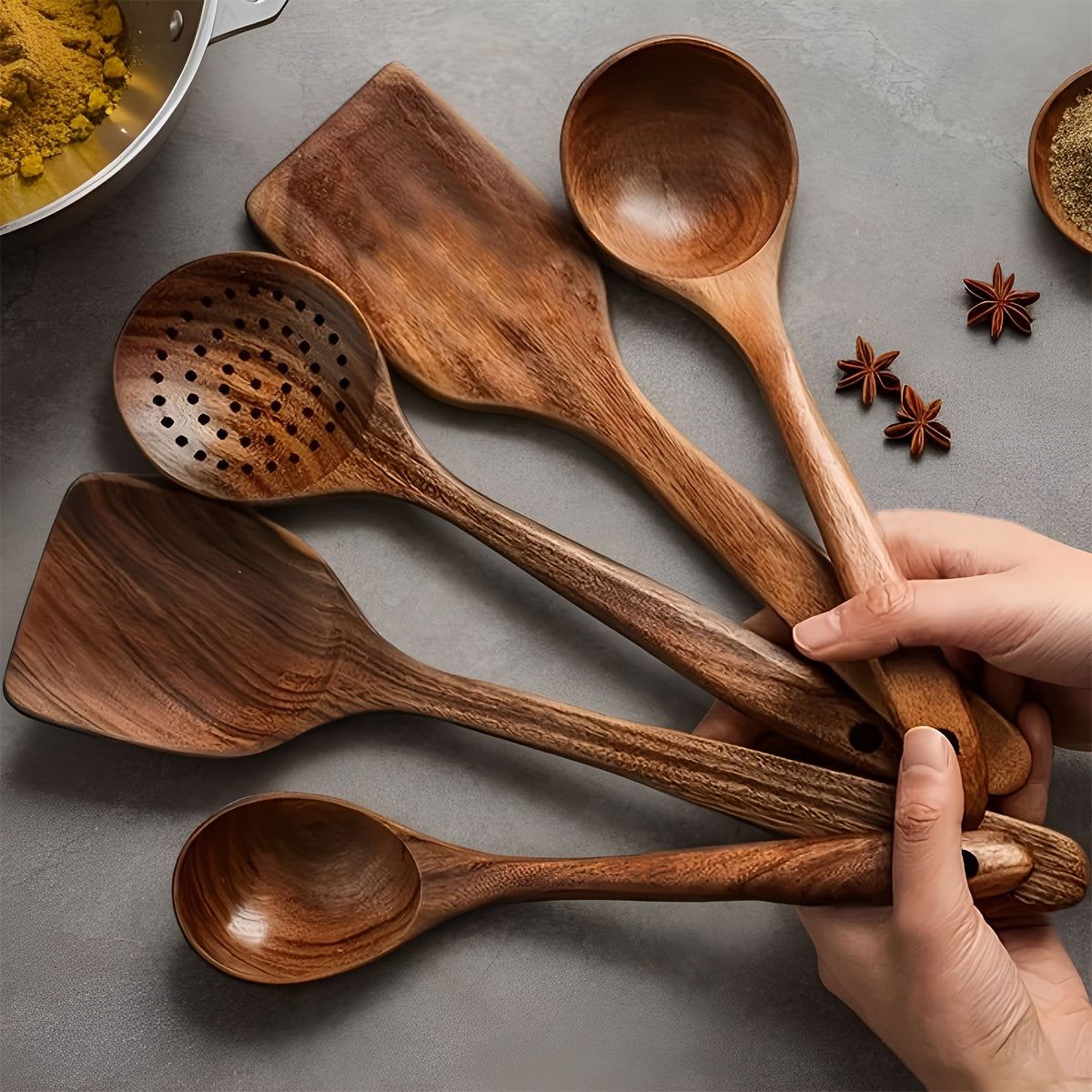 TEMU 5pcs Premium Wooden Kitchen Utensils Set - Ergonomic Handles Natural Wooden Spoons Ladle And Wok Spatulas For Heat Resistant Easy To Clean And
