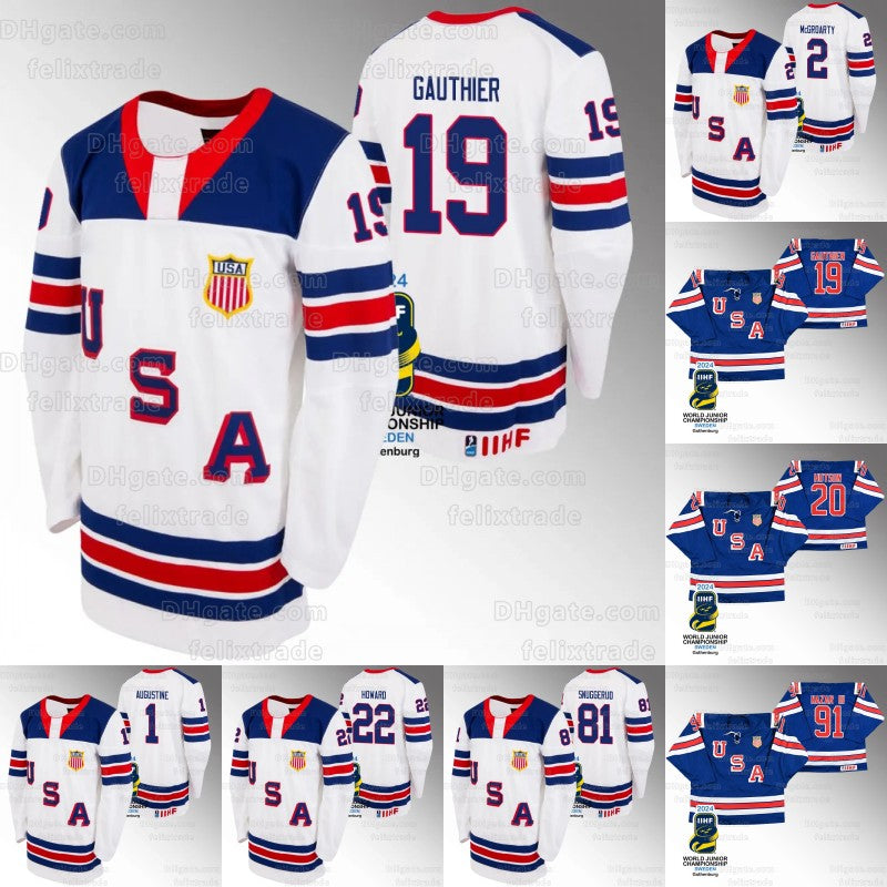 USA Hockey 2024 IIHF World Junior Champions White Blue Jersey 19 Cutter Gauthier 4Gavin Brindley 1Trey Augustine 2Rutger McGroarty 9Ryan Leonard 81J