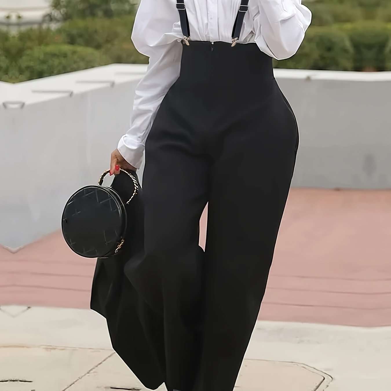 TEMU Women's High-waisted Jumpsuit With Removable Suspenders - Adjustable Wide-leg Outfit, Solid Color Machine-washable Versatile Wear, Ladies