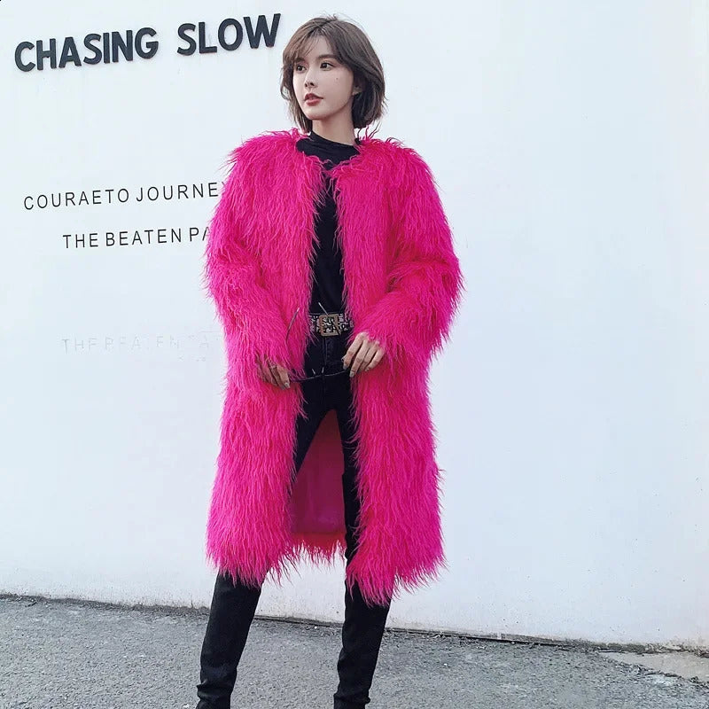 Long Pink Faux Fur Coat Women Clothing O-Neck Plush Jacket Winter Coat Female Overcoat Fluffy Jacket Teddy in Outerwears 240911