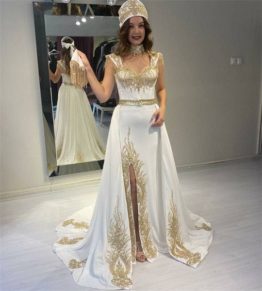 Caftan Kosovo White Evening Dresses Moroccan Mermaid Tukish Prom Dress With Overskirt Appliques Beaded Birthday Party Formal Occasion vestid
