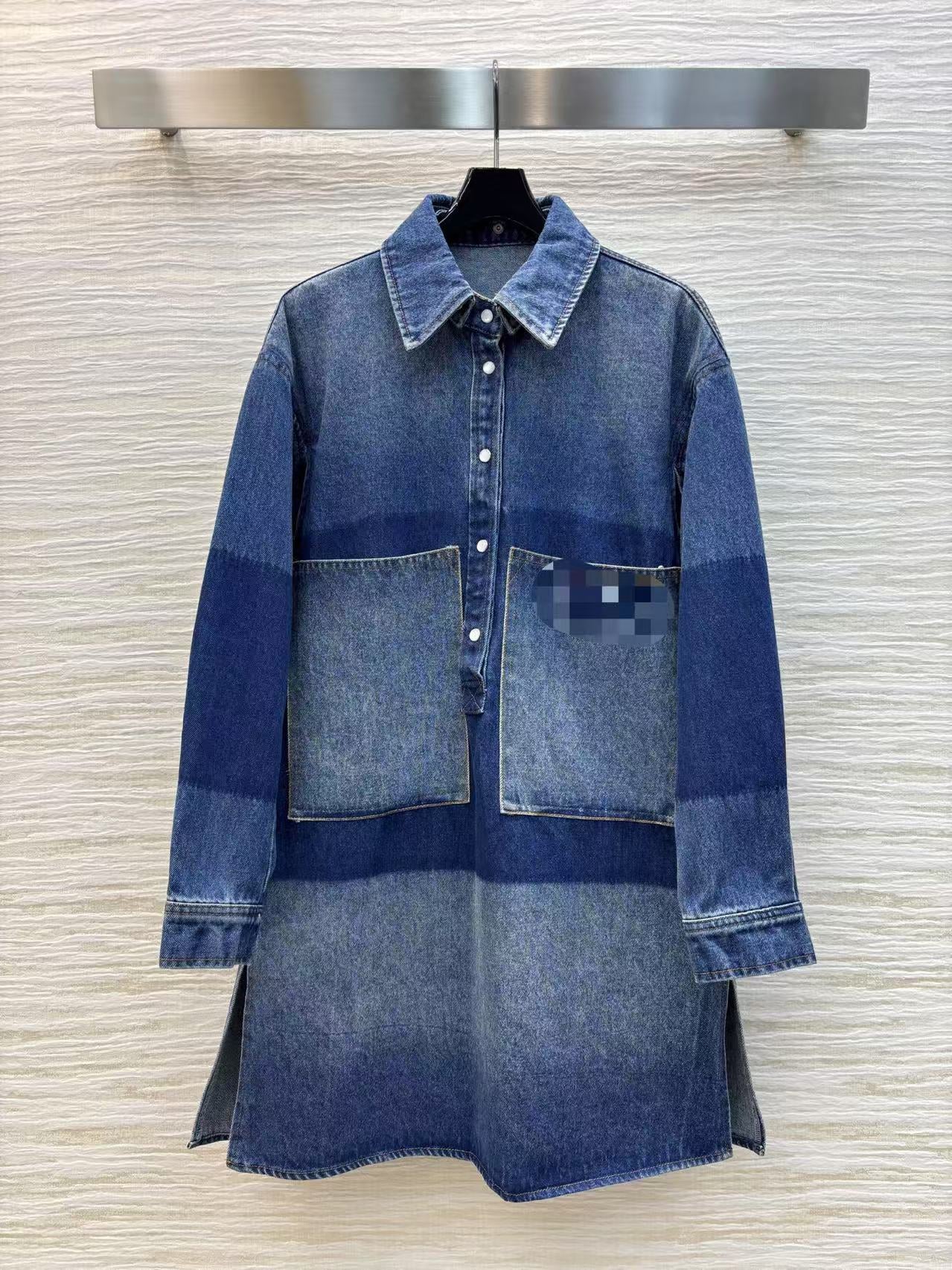 2025 Gradient Blue Loose Demim Women Dress High End Lapel Neck Long Sleeve Letter Embroidery Women Dresses Shirts Dress 22106