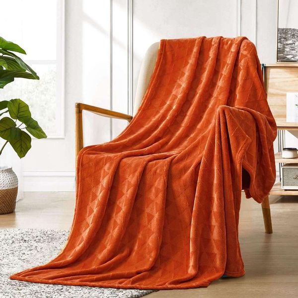 Soft Brushed Flannel Throw Blanket Burnt Orange Fleece Blankets Dia Pattern For Sofa, Chair, Couch