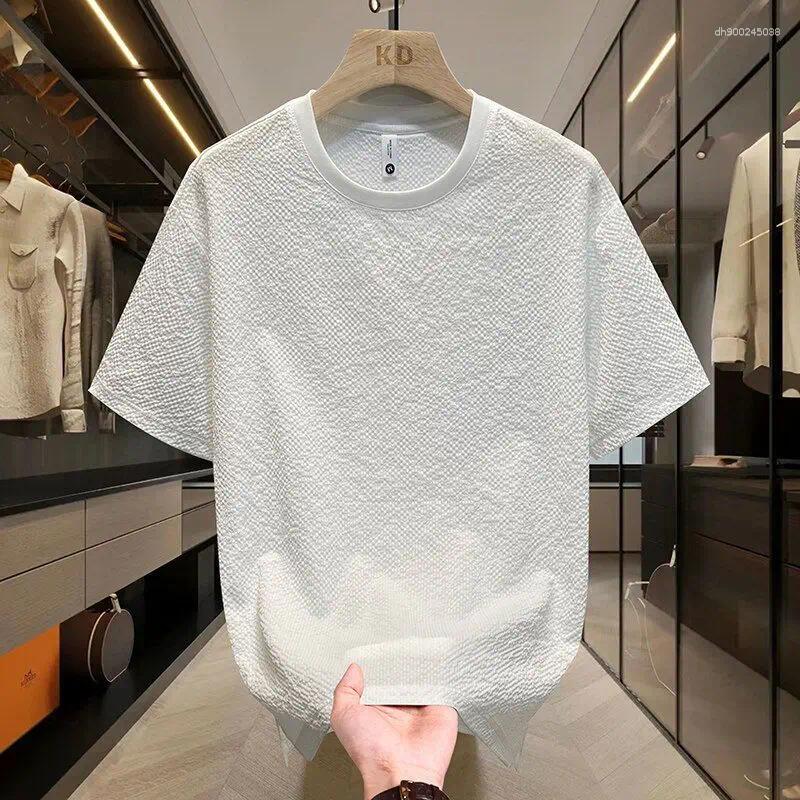 Men&#039;s T Shirts Ice Silk Men T-shirt Short-sleeved High-end Light Luxury High-quality Solid Color Bubble Yarn Texture Round Neck Hand Towel