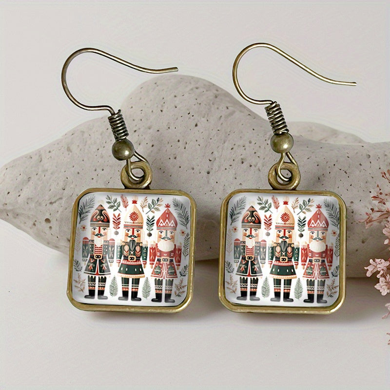 TEMU 1 Pair Christmas Nutcracker Square Earring Glass Dangle Earrings Handmade Jewelry Gift For Friend