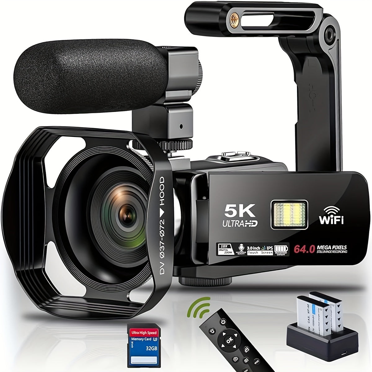 TEMU Dingetu 5k 64mp Wifi Camcorder With Night Vision, 18x Zoom & 3.0" Touch Screen - 32gb Sd Card Bundle, Remote Control, Microphone Included -