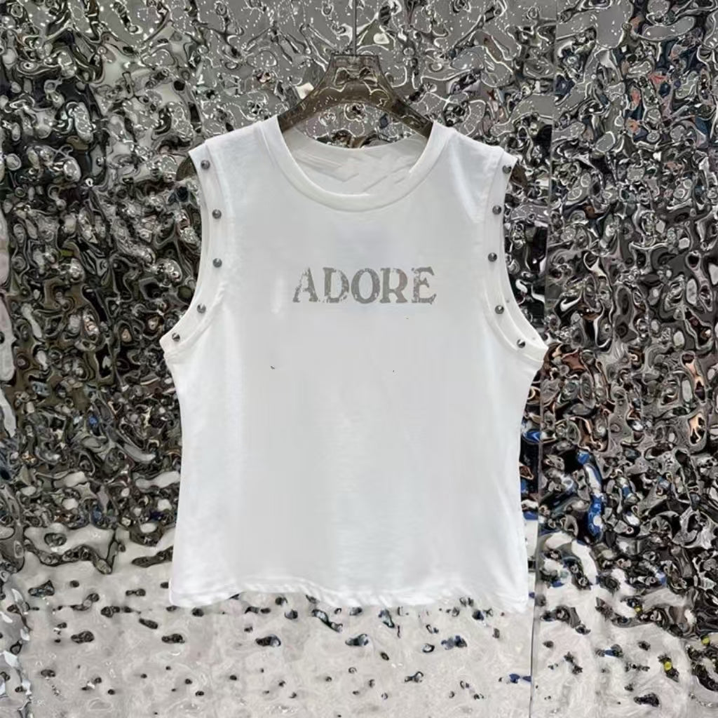 2025 summer new high-end letter printed nail bead loose casual sleeveless vest top for outerwear